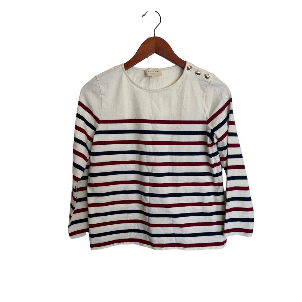 Sezane Loic Striped Jersey Breton top with gold buttons